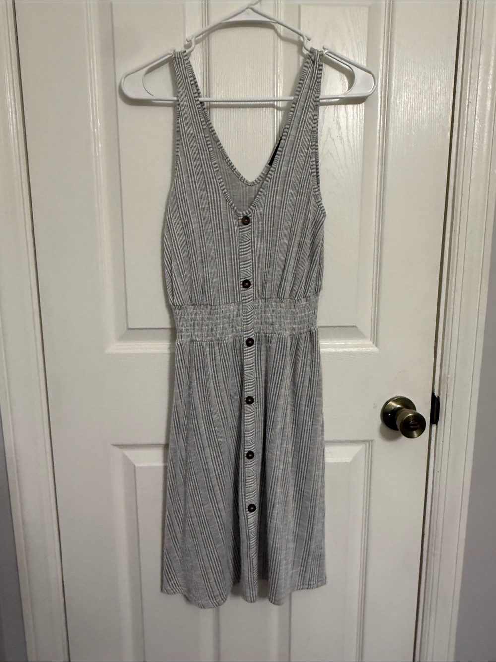 Caution To The Wind Gray Striped Button-Front Midi Dress